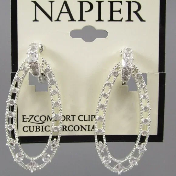 NAPIER 1980's Bold Silver Clear CZ Door Knocker E-Z Comfort Clip On Earrings~NEW - Picture 2 of 4